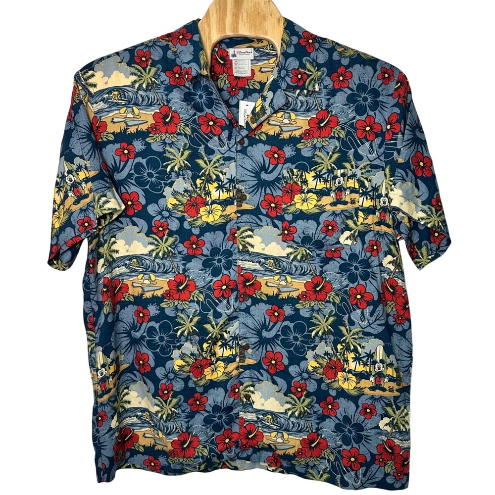 Disney Blue Floral Hawaiian Button-Down Shirt with Red & Yellow Accents